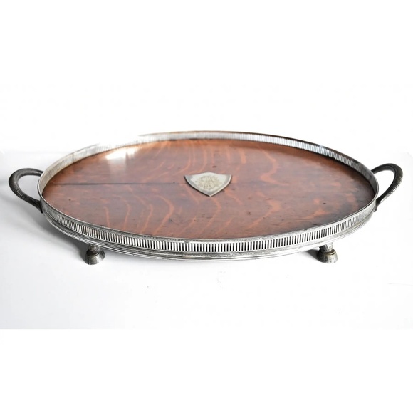 ANTIQUE English Sheffield Silver & Oak Drinks Tray - Picture 9 of 9